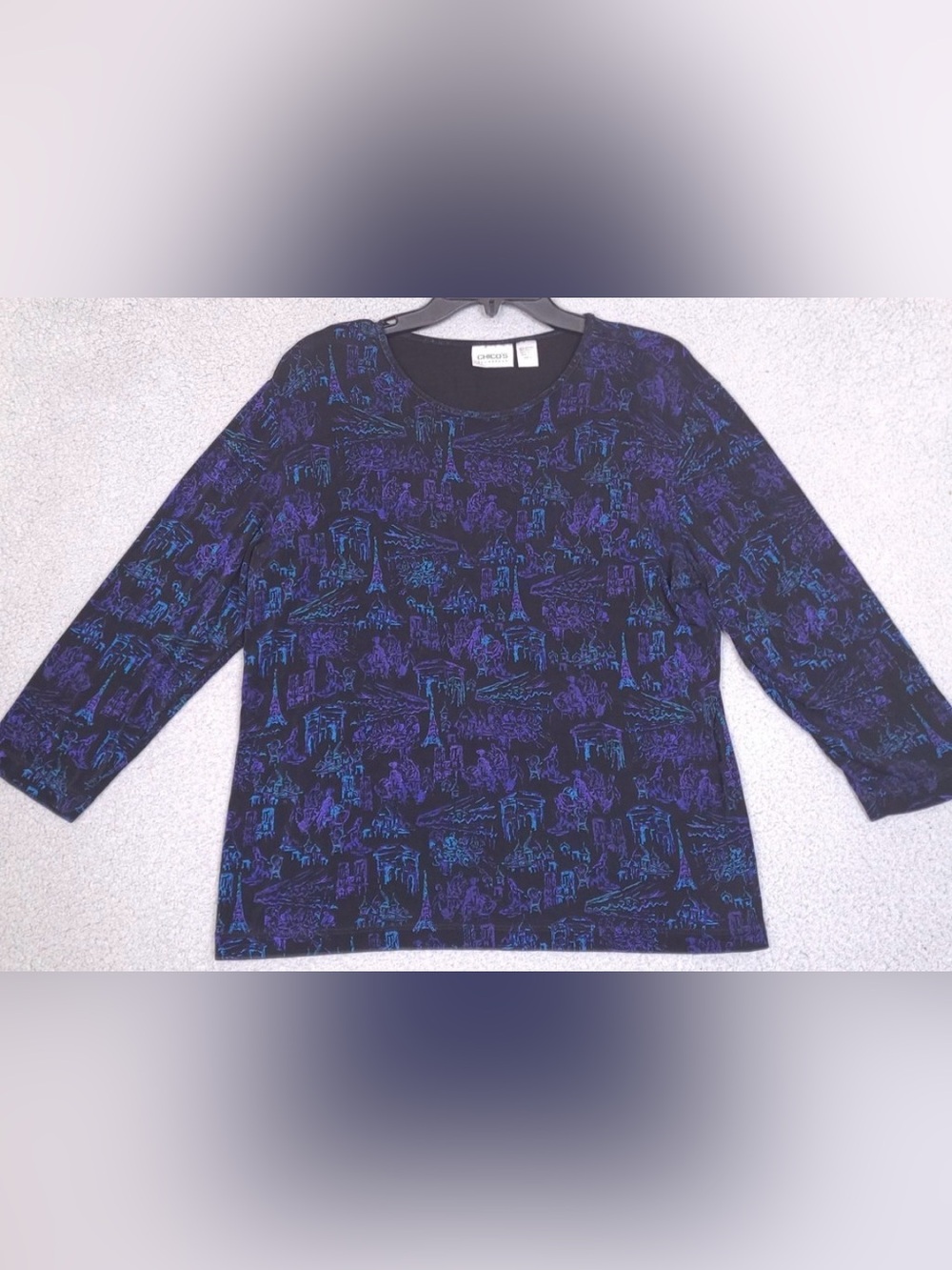 Chico's Travelers Collection Black Scoop Neck Top w/Purple & Teal Paris Print